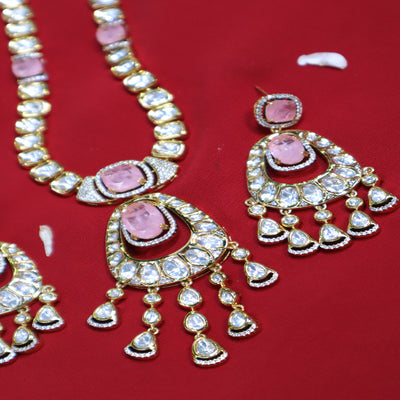 Pink Kundan Polki Necklace Set with Oval & Teardrop Earrings - SIA452434