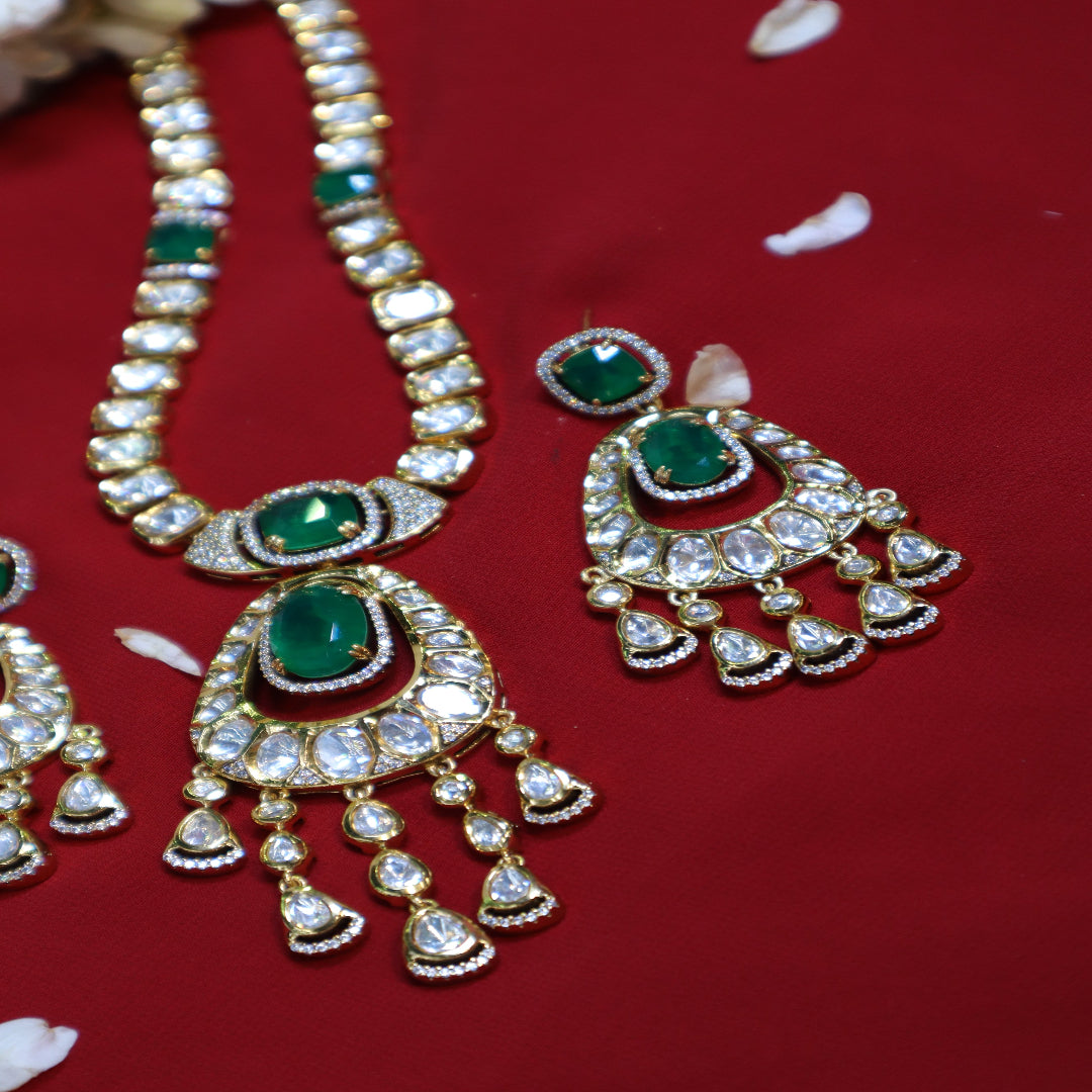 Emerald Green Polki Kundan Necklace & Earring Set - SIA452433