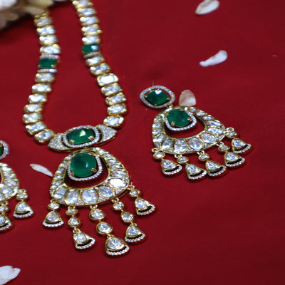 Emerald Green Polki Kundan Necklace & Earring Set - SIA452433