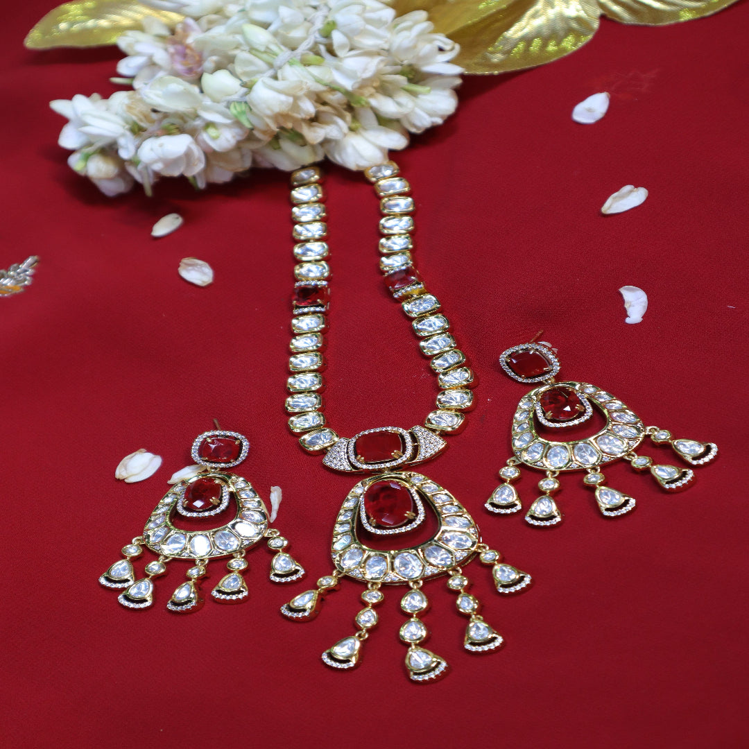 Red Ruby Kundan Maharani Necklace Set - SIA452432