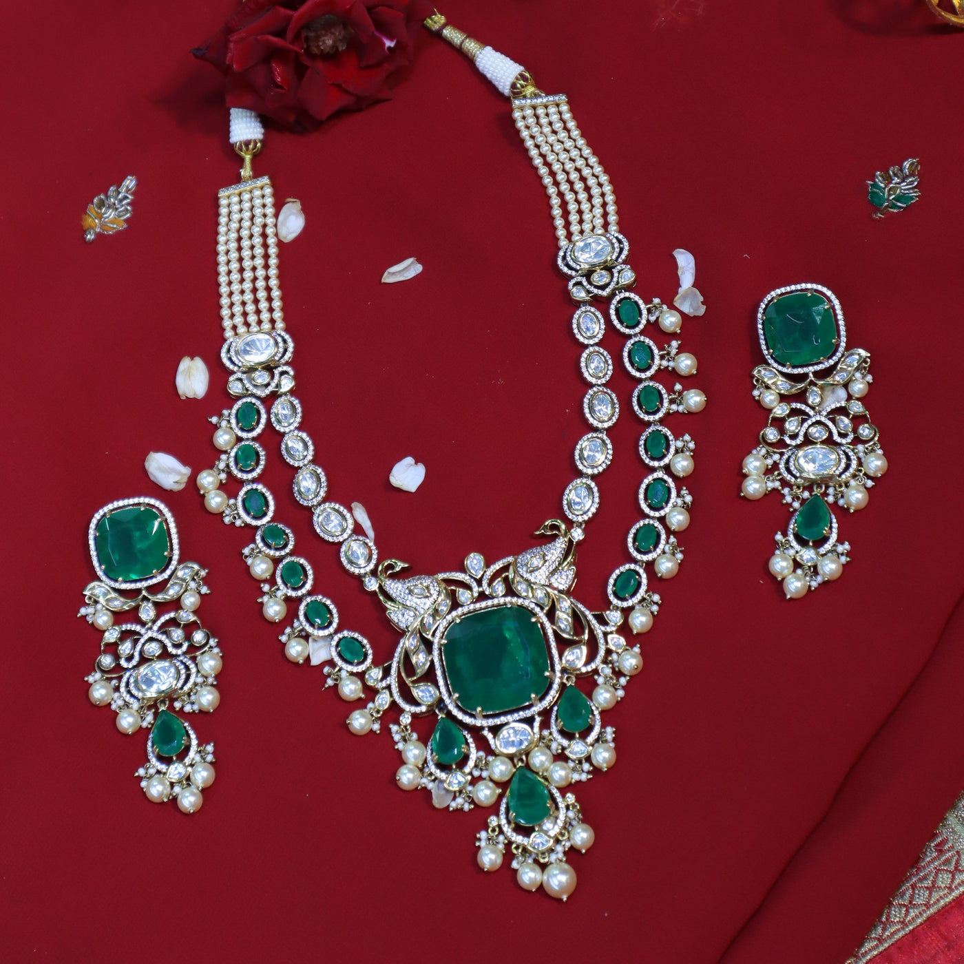 Emerald & Polki Kundan Bridal Set with Pearl Drops - SIA452404