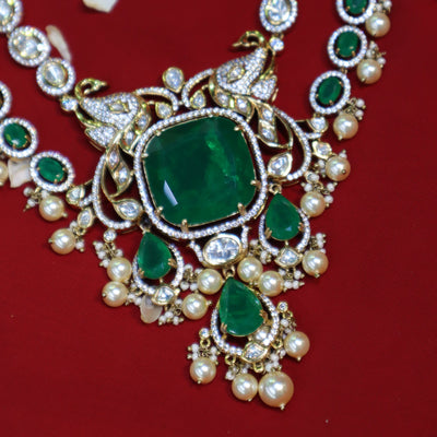 Emerald & Polki Kundan Bridal Set with Pearl Drops - SIA452404