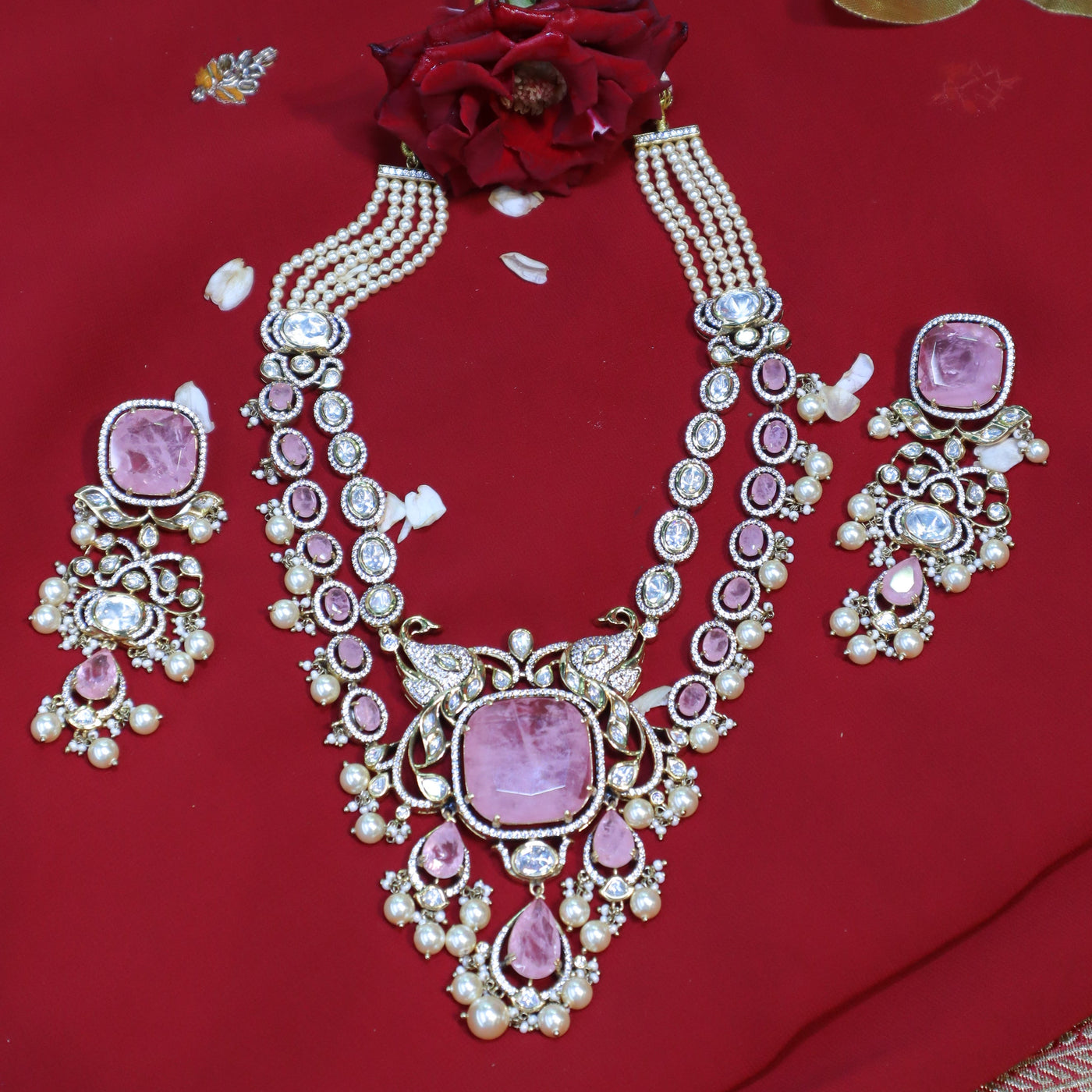 Pink Kundan & Pearl Necklace Set with Cushion-Cut Gemstones - SIA452405
