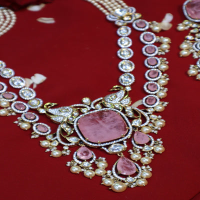 Pink Kundan & Pearl Necklace Set with Cushion-Cut Gemstones - SIA452405