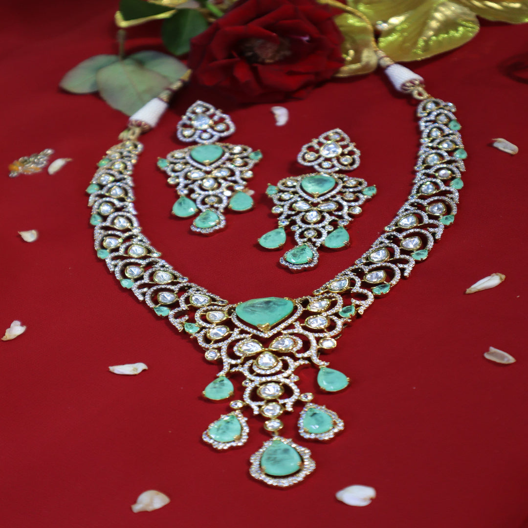 Aqua Blue & Diamond Polki Kundan Teardrop Bridal Choker Set - SIA452402