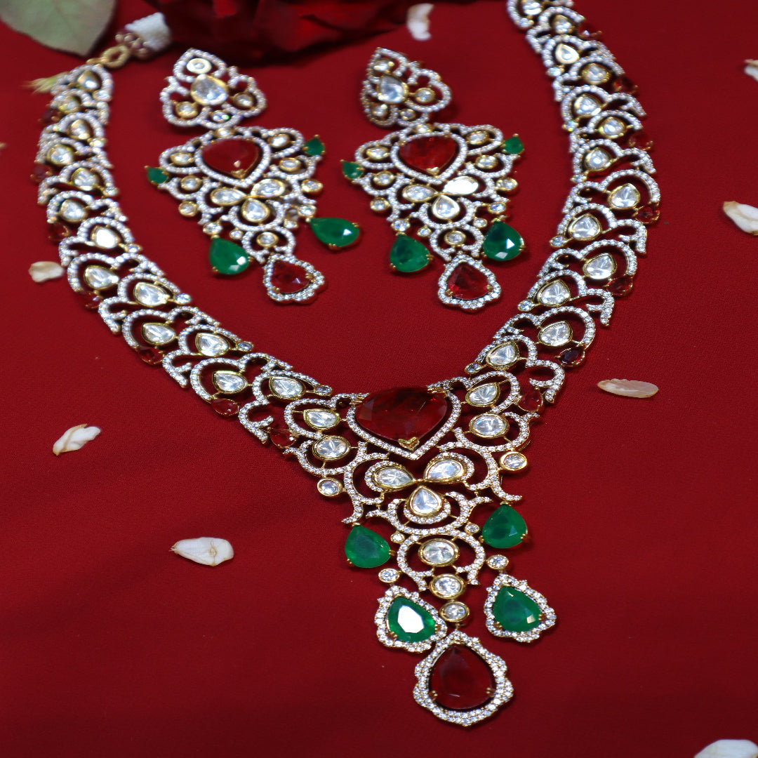 Ruby & Emerald Diamond Floral Necklace Set - SIA452403