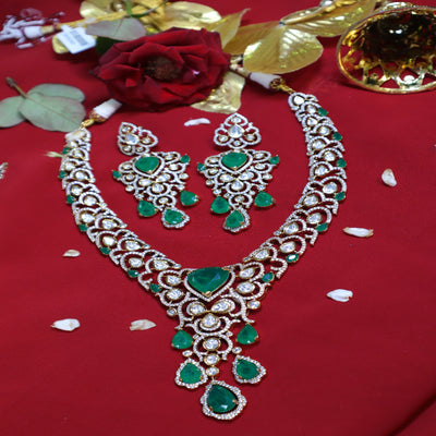 Green & Diamond Polki Kundan Teardrop Bridal Choker Set - SIA452401