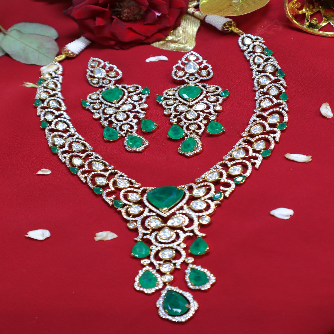 Green & Diamond Polki Kundan Teardrop Bridal Choker Set - SIA452401