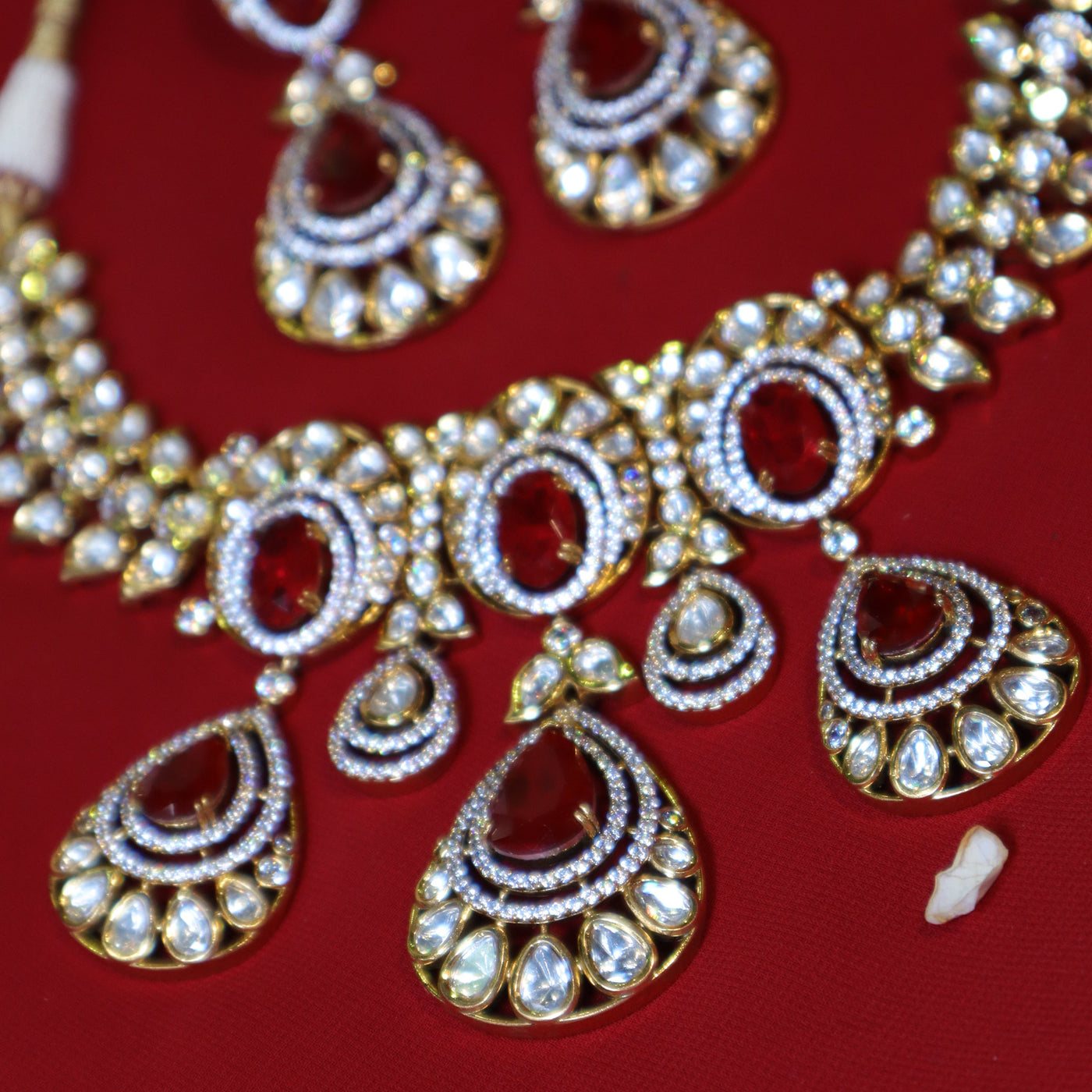Ruby Red Teardrop Kundan Necklace Set with Oval Accents - SIA452426