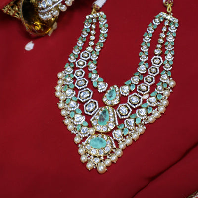 Emerald Teardrop Kundan Necklace Set with Jhumka Earrings - SIA452436