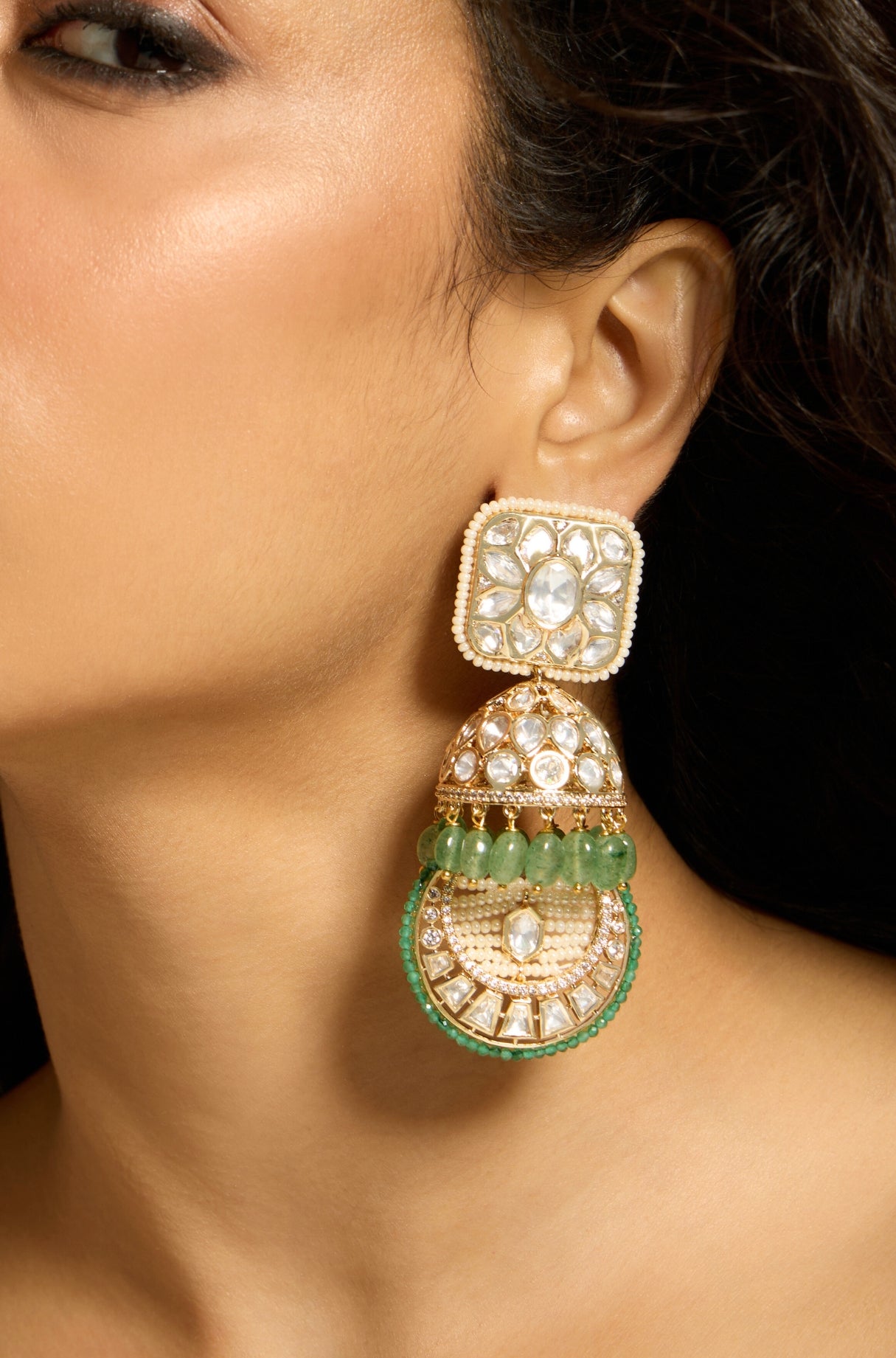 Exquisite Green Bead Polki Jhumka Earring - JBRITIER52