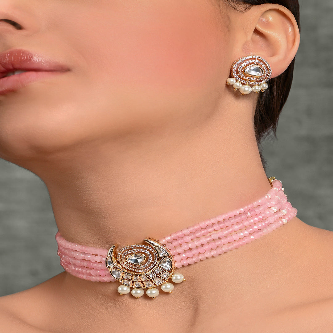 Scintillating Pink Beaded Choker With Earrings - JBRMR24NKS45