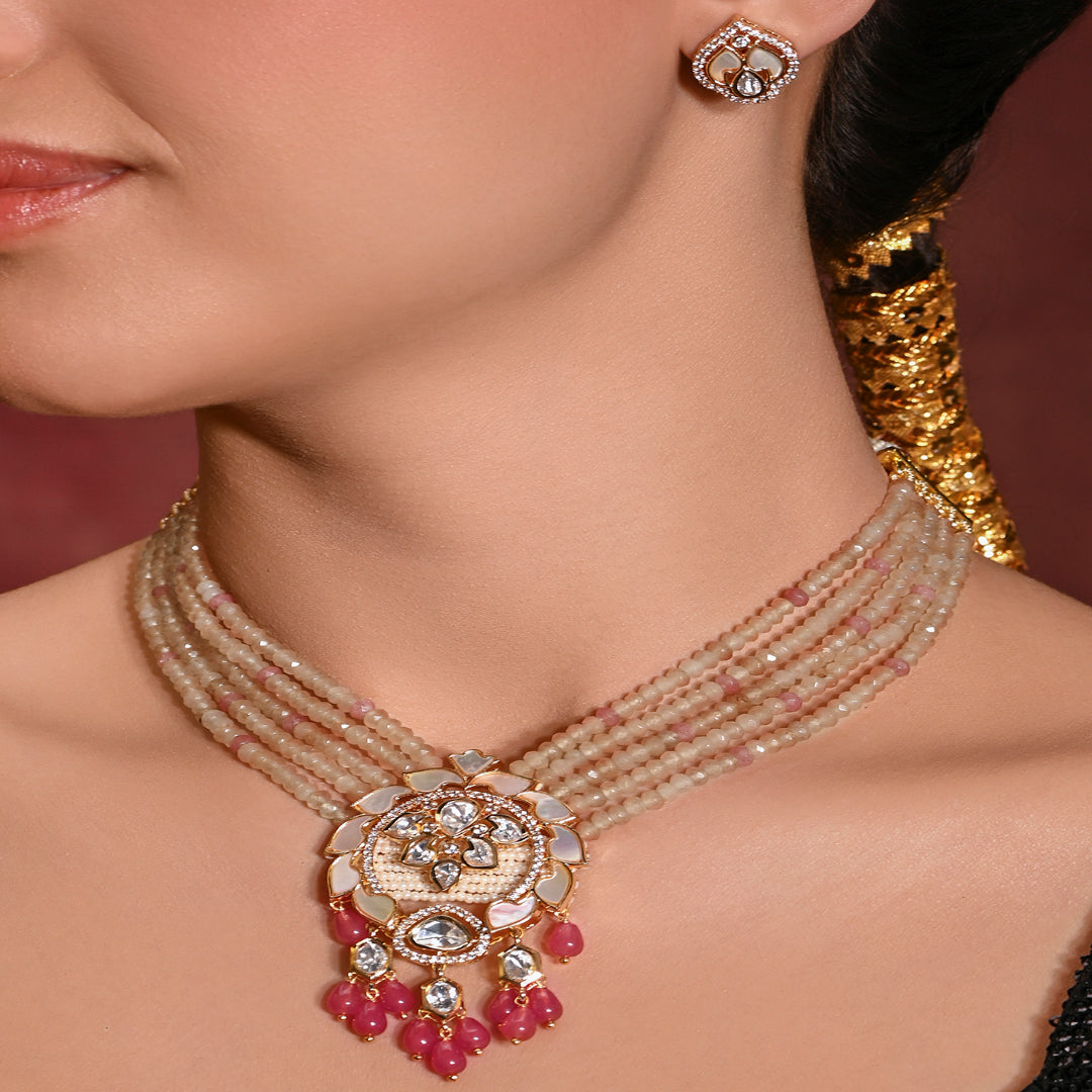 Dazzling Pink Necklace With Earrings - JBRMR24NKS48