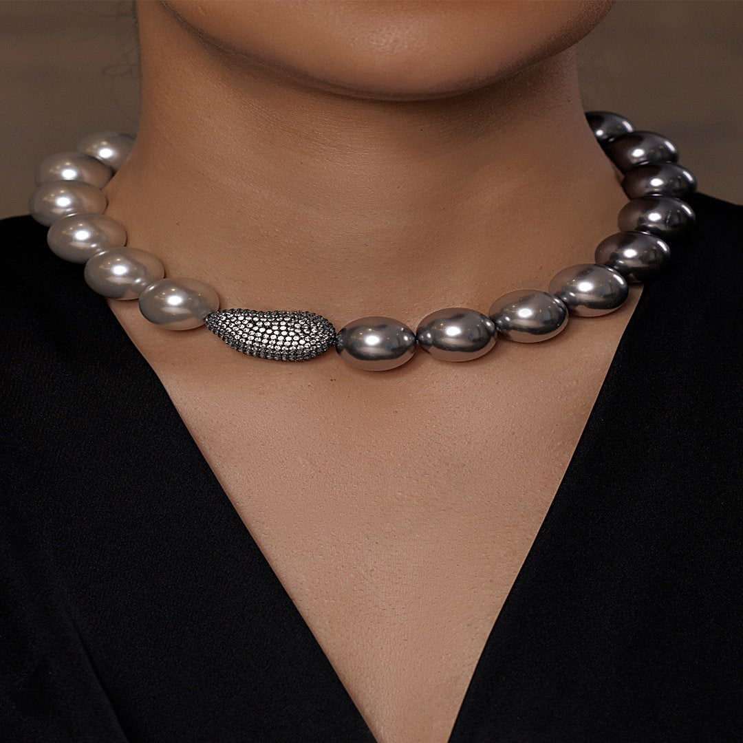 Shimmering Silver White Pearl Necklace - JBRSSNK165