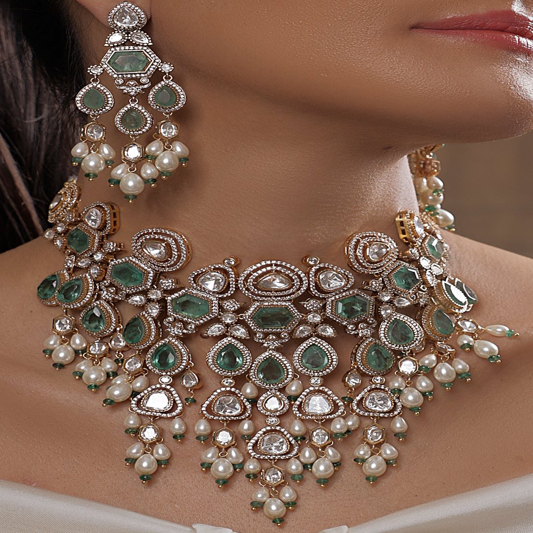 Regal Polki Pearl Green Bridal Set - JBRSSNK 284