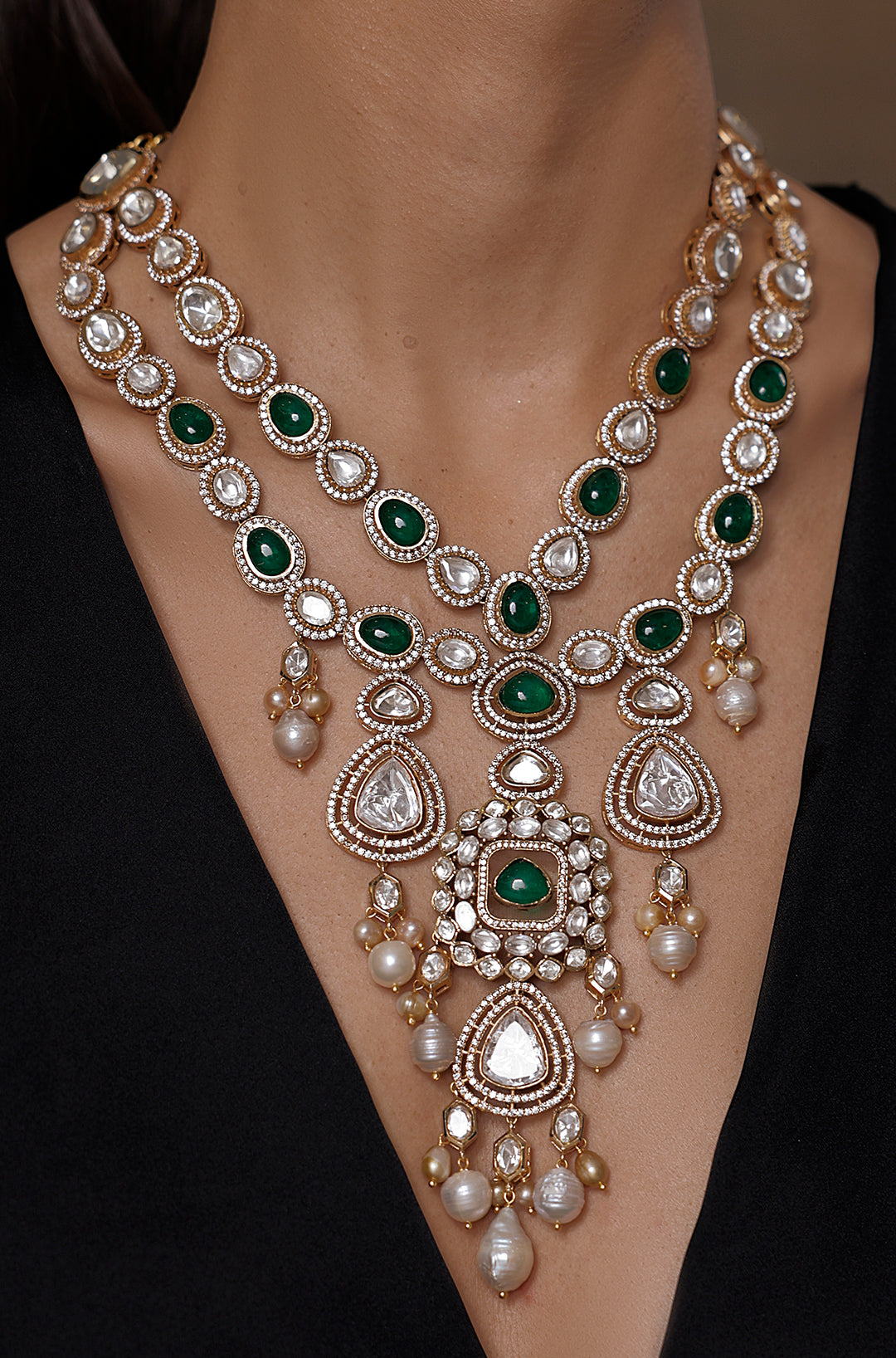 Opulent Bridal Green Gem Necklace Set - JBRSSNK 334