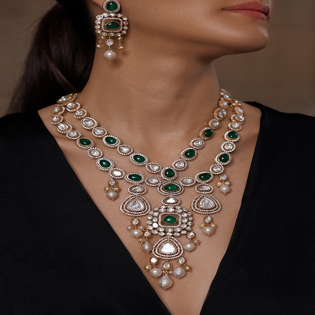 Opulent Bridal Green Gem Necklace Set - JBRSSNK 334