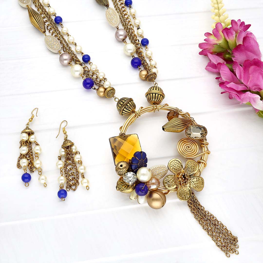 Circle Motif Pendant Long Necklace Set - KPE93