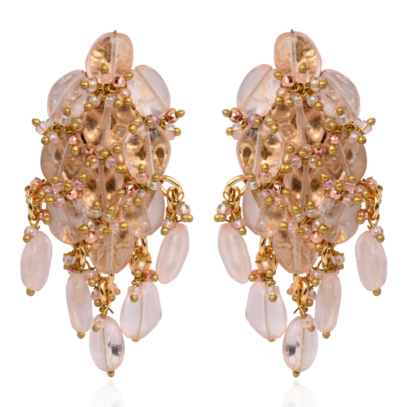 Peach Stone Oval Shape Earrings With Pink Crystal - BE-519-01 PINK