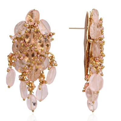 Peach Stone Oval Shape Earrings With Pink Crystal - BE-519-01 PINK