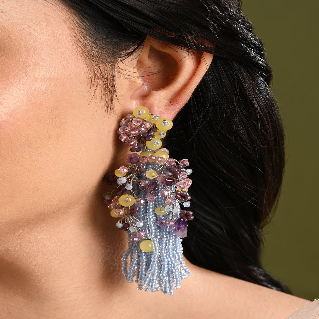 Colourful Stone Long Jhumka Earrings - LE-955-03 BLUE