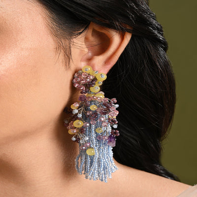 Colourful Stone Long Jhumka Earrings - LE-955-03 BLUE