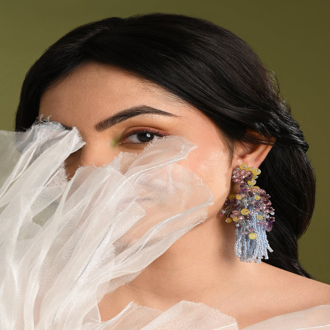 Colourful Stone Long Jhumka Earrings - LE-955-03 BLUE