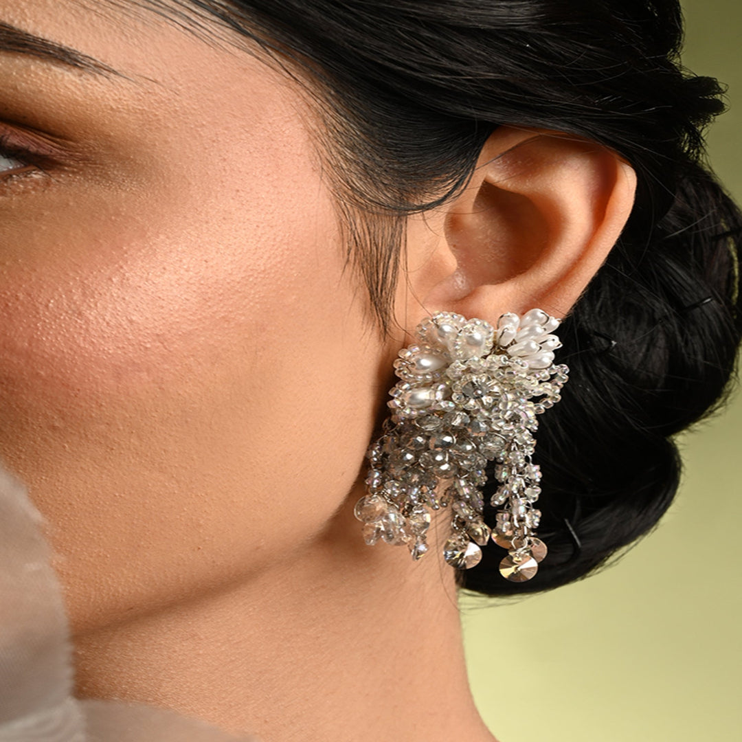 Silver Plated Pearl Festive Medium Size Earrings - LE-958-01 SILVER