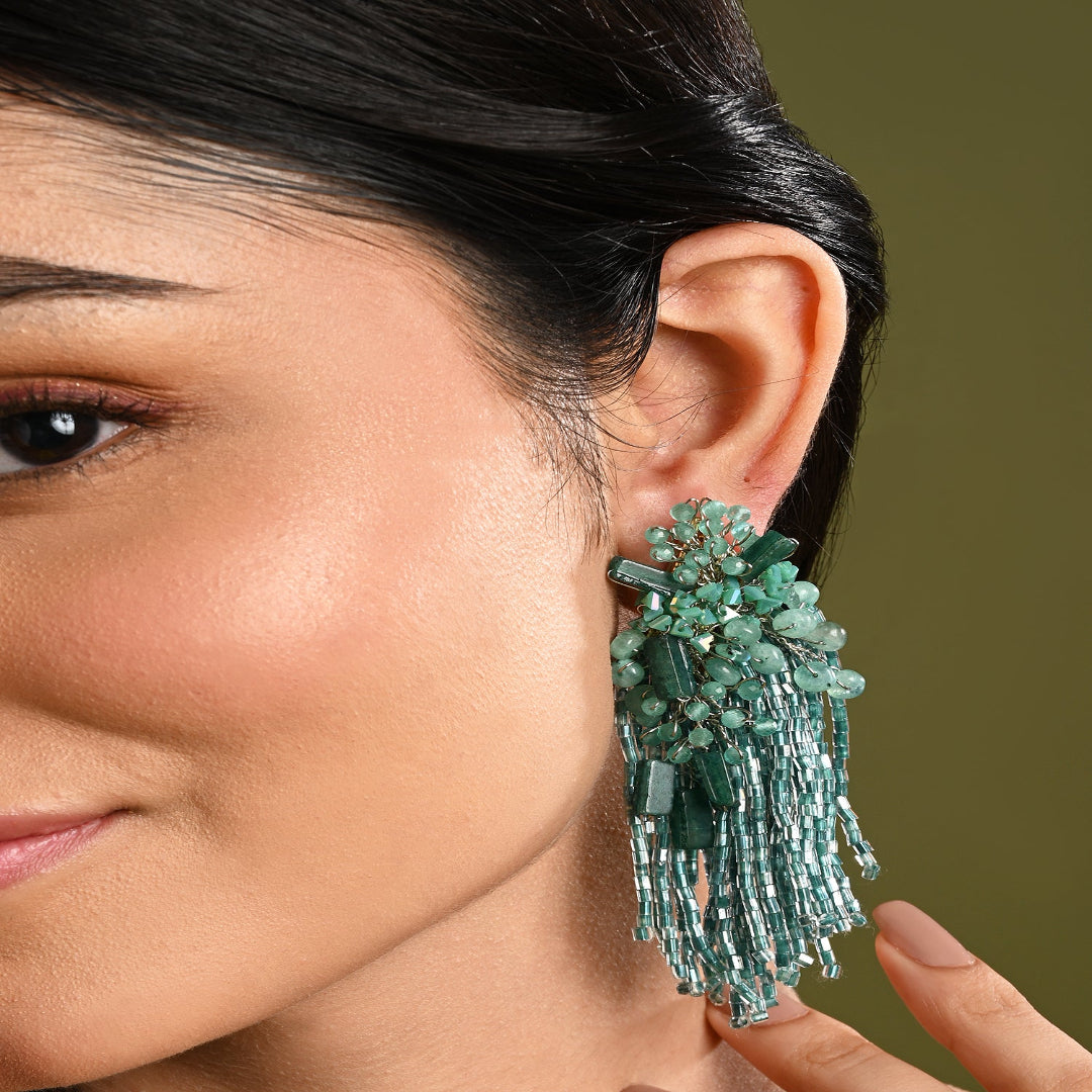 Gold Plated Emerald Green Long Tassel Earrings - LE-962-01 GREEN