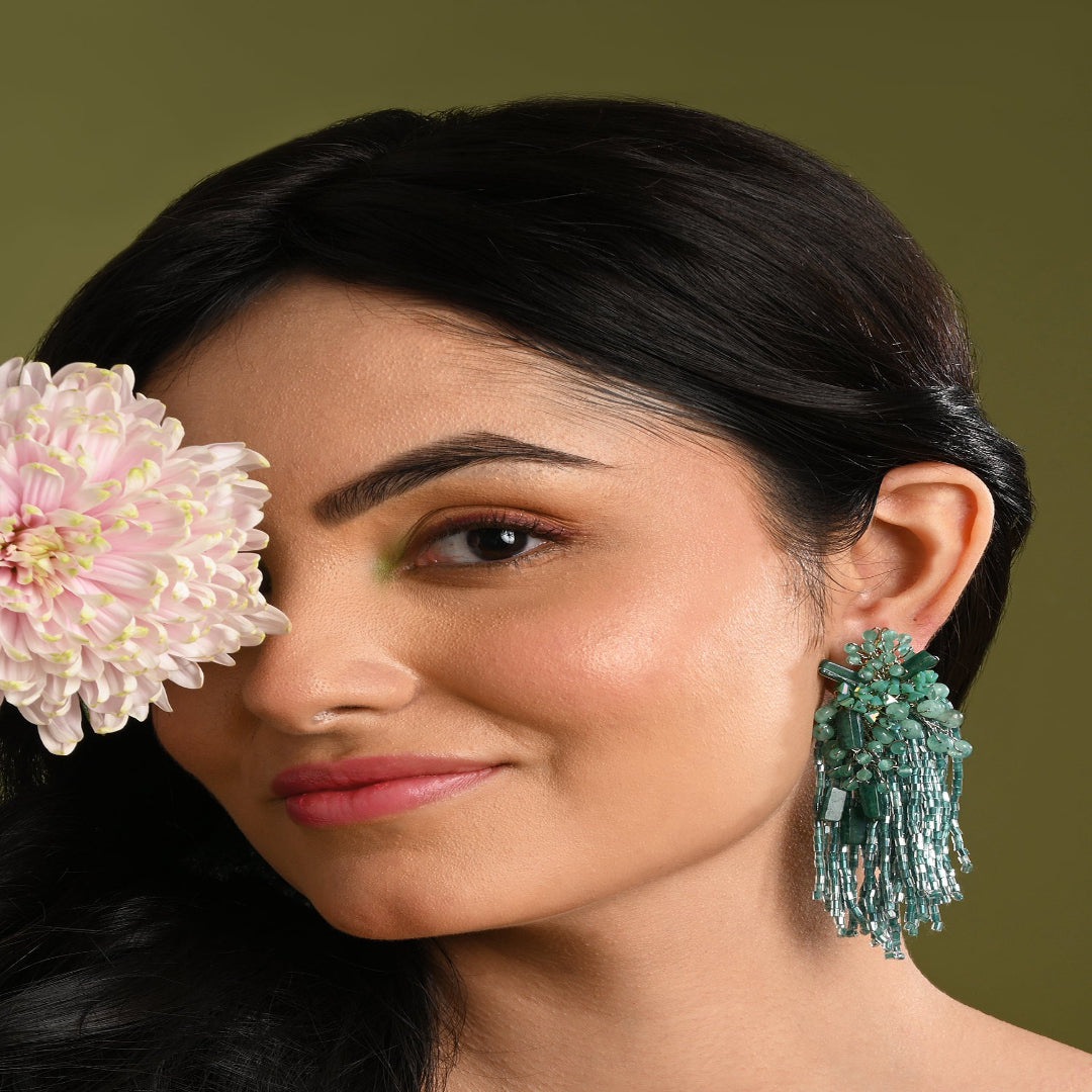 Gold Plated Emerald Green Long Tassel Earrings - LE-962-01 GREEN