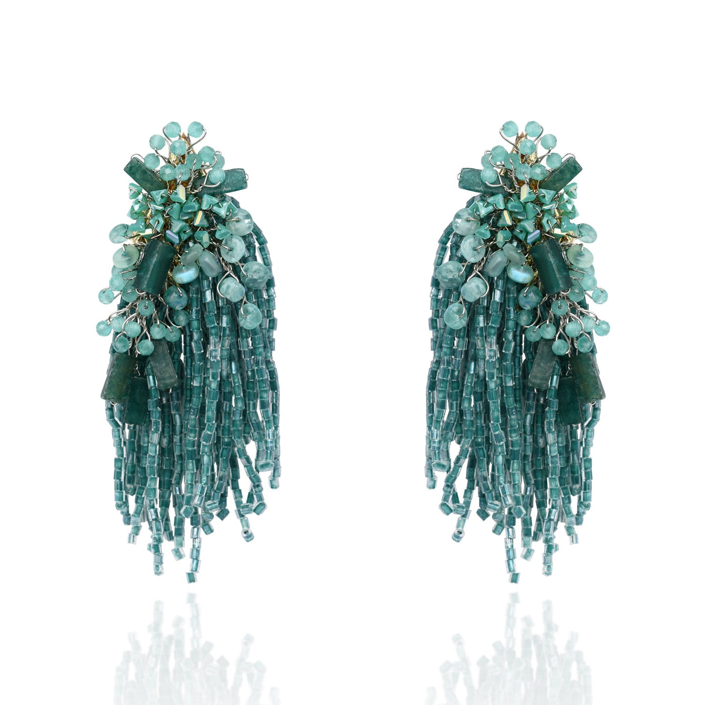 Gold Plated Emerald Green Long Tassel Earrings - LE-962-01 GREEN