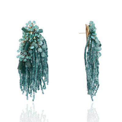 Gold Plated Emerald Green Long Tassel Earrings - LE-962-01 GREEN