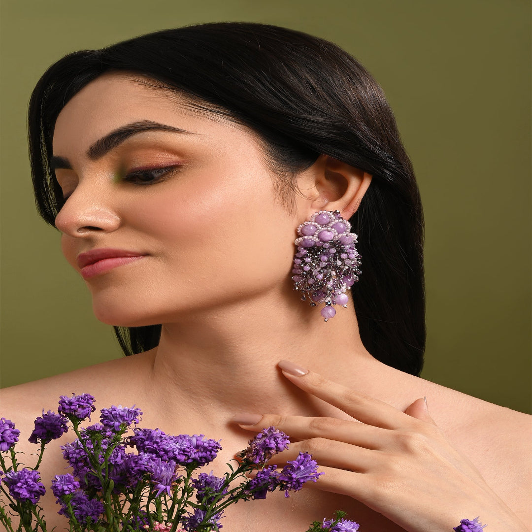 Designer Long Earrings With Purple Lilac Stones - LE-965-01 LILAC