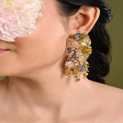 Colourful Precious Stone Gold Plated Long Chain Earrings - LE-969-01 MULTI