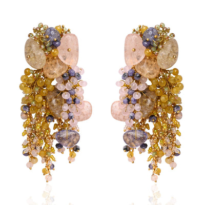 Colourful Precious Stone Gold Plated Long Chain Earrings - LE-969-01 MULTI