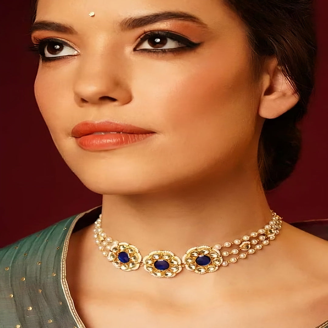 Indigo Gold Finish Jadau Choker - MR76XG