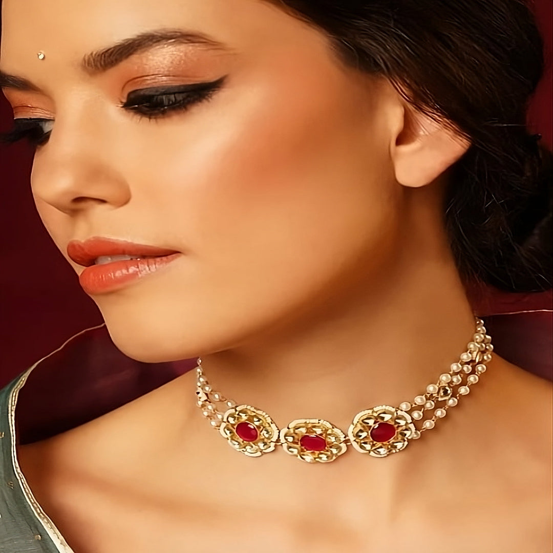 Red Gold Finish Jadau Choker - MR76XH