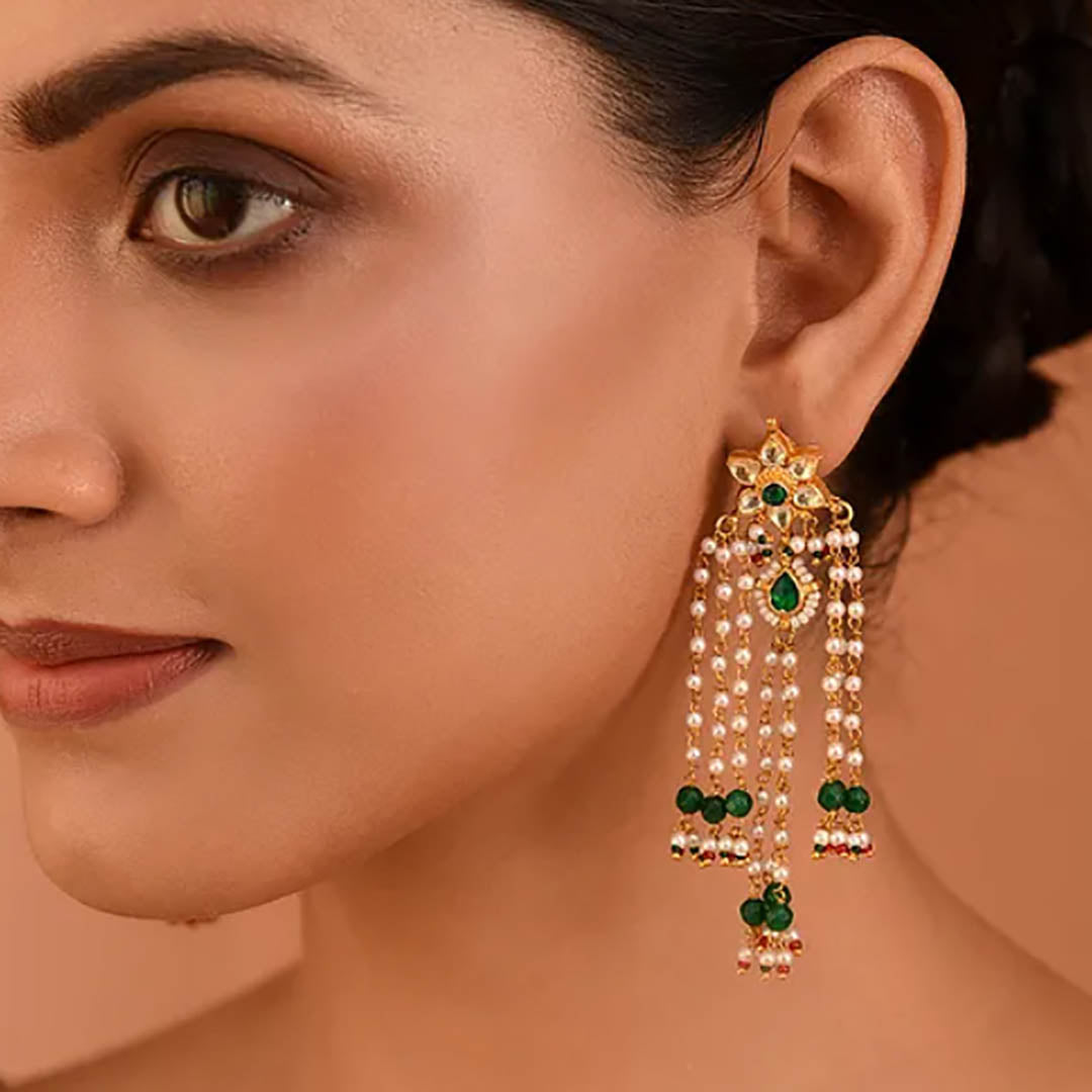 Green Gold Finish Jadau Jhumki Earrings - MR77RA