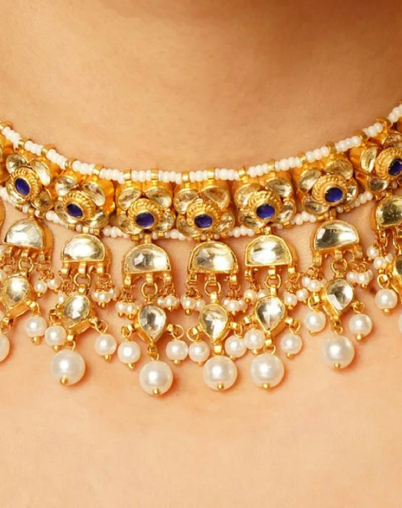 Indigo blue White Beaded Set with Pearls - MR79HD