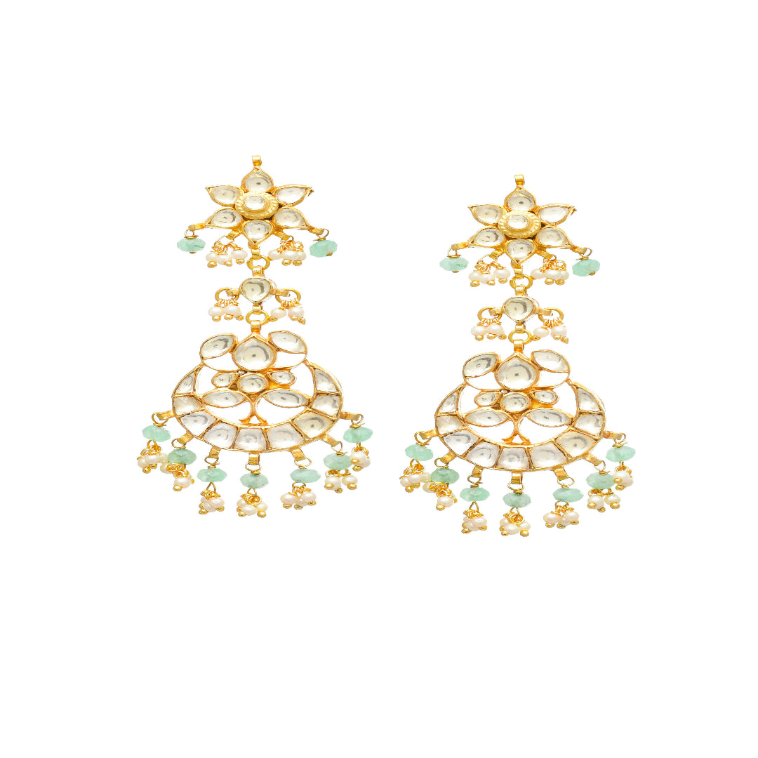 Sea Green Gold Finish Jadau Earrings - MR81V