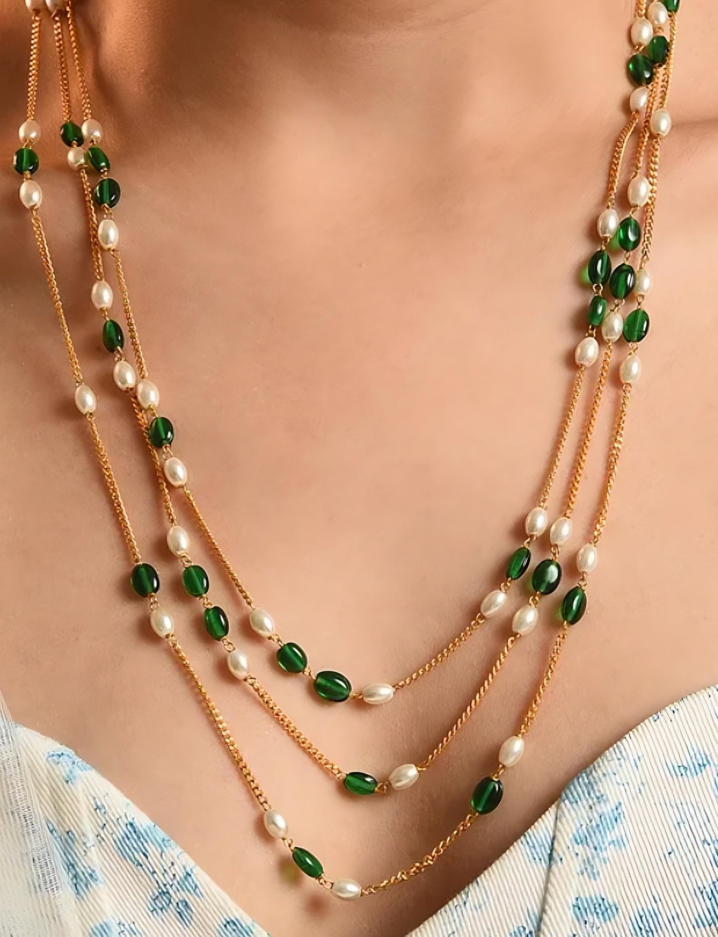 Green White Gold Tone Beaded Layered Necklace with Pearls - MS350OB