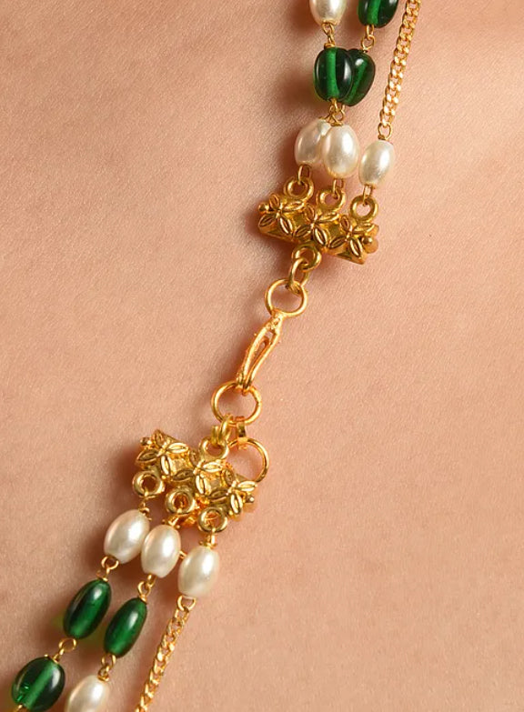 Green White Gold Tone Beaded Layered Necklace with Pearls - MS350OB