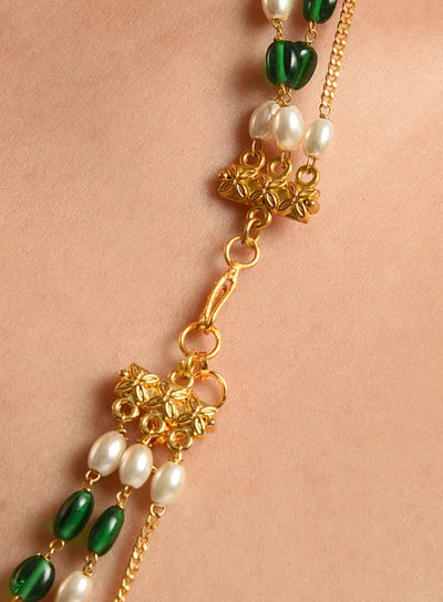 Green White Gold Tone Beaded Layered Necklace with Pearls - MS350OB