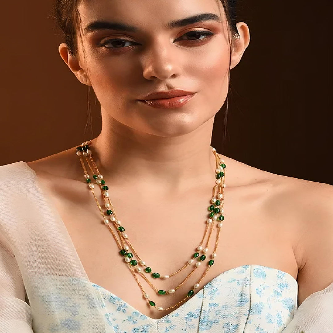 Green White Gold Tone Beaded Layered Necklace with Pearls - MS350OB