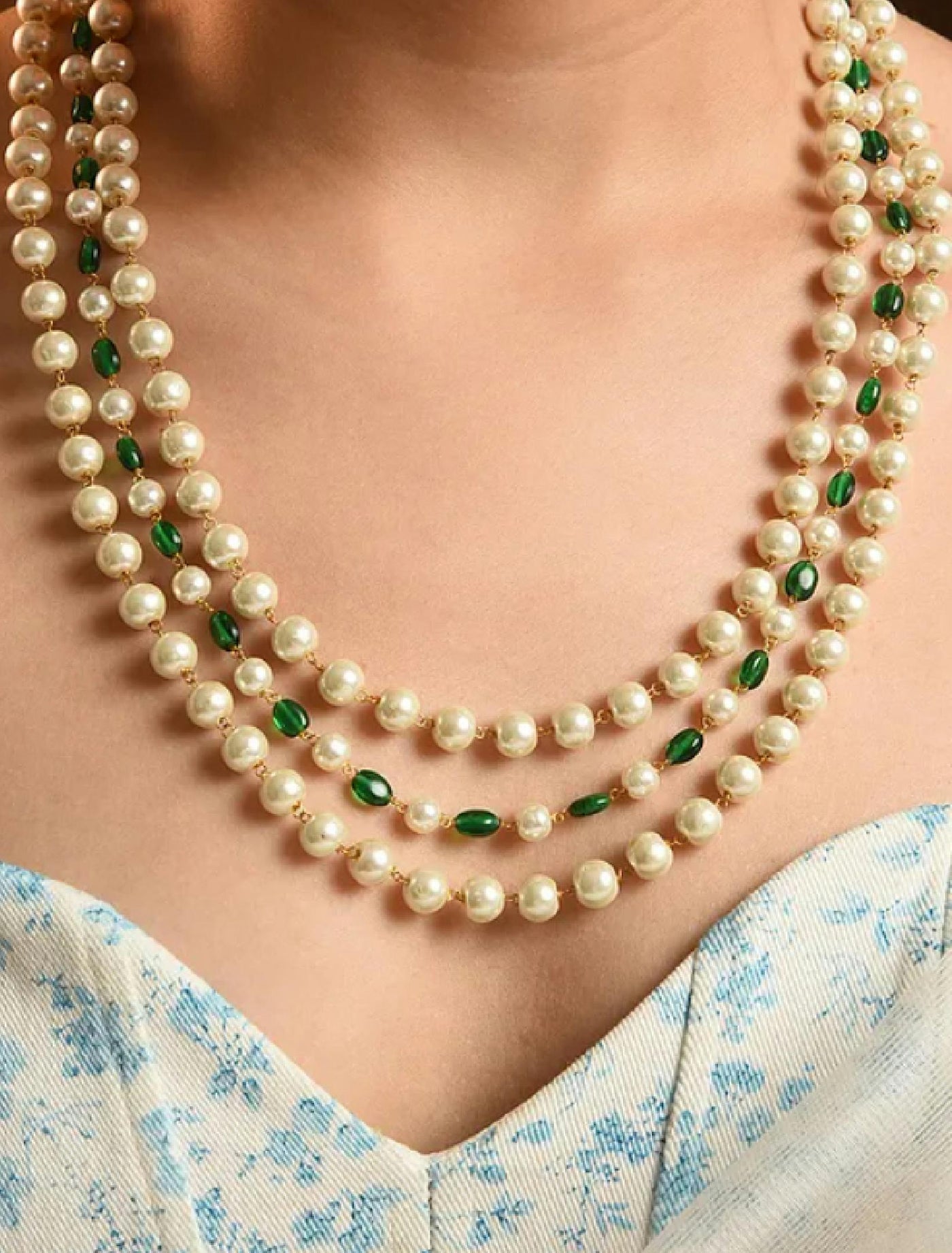 Green White Beaded Layered Necklace with Pearls - MS355A