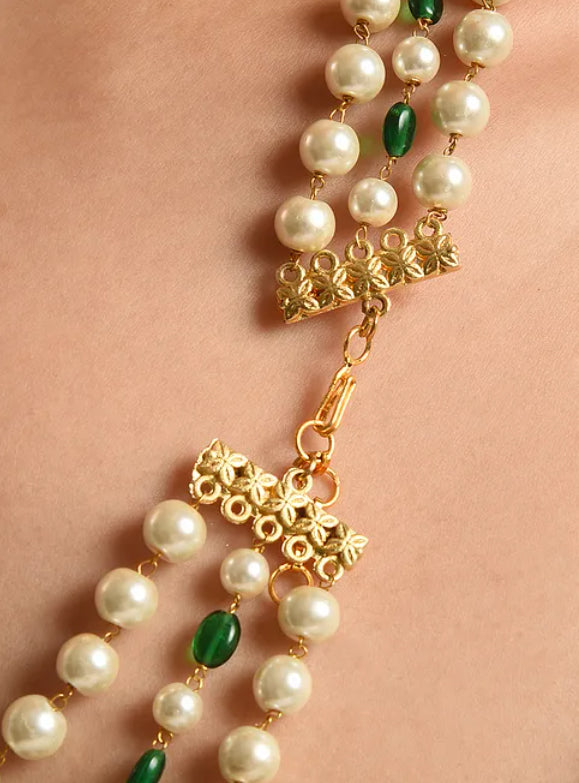 Green White Beaded Layered Necklace with Pearls - MS355A
