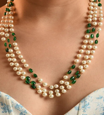 Green White Beaded Layered Necklace with Pearls - MS356A