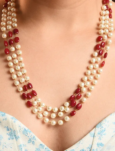 Red White Beaded Layered Necklace with Pearls - MS356B