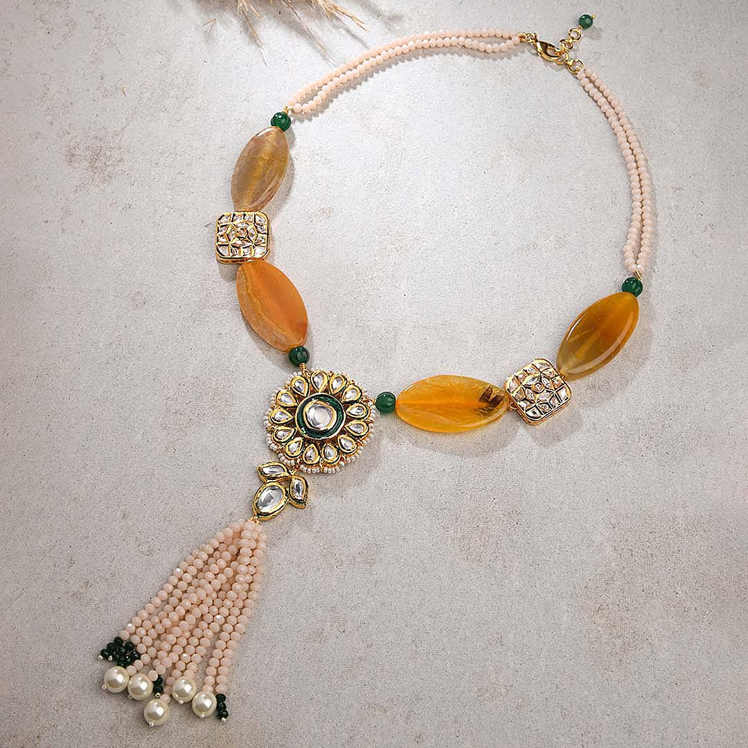 Kundan Polki Necklace With Yellow Agate - MYJBRBLN 1