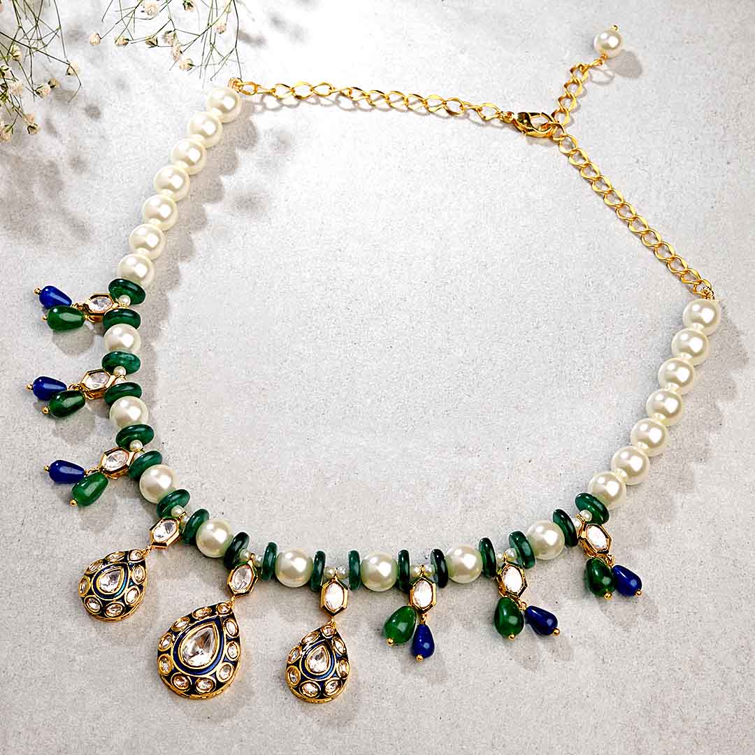 White & Green Necklace With Rich Enamelled Work - MYJBRBLN 26